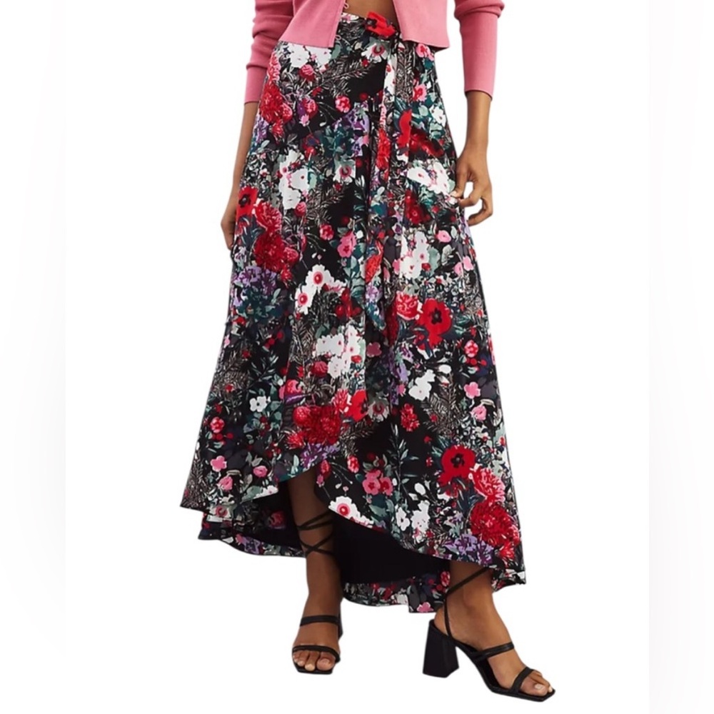 Anthropologie Hutch Black Floral High-low maxi skirt with Red and Green Accents